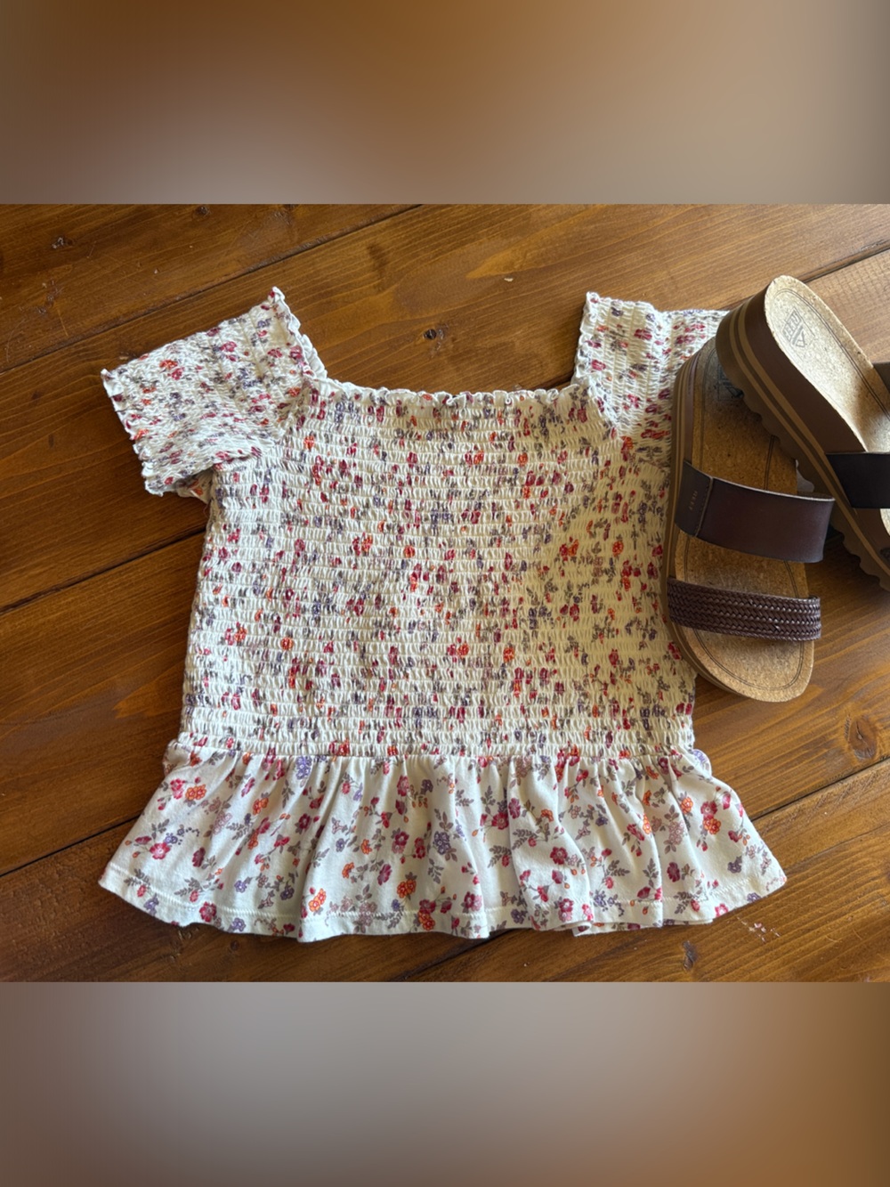 American Eagle Outfitters Cream Floral Smocked Peplum Top